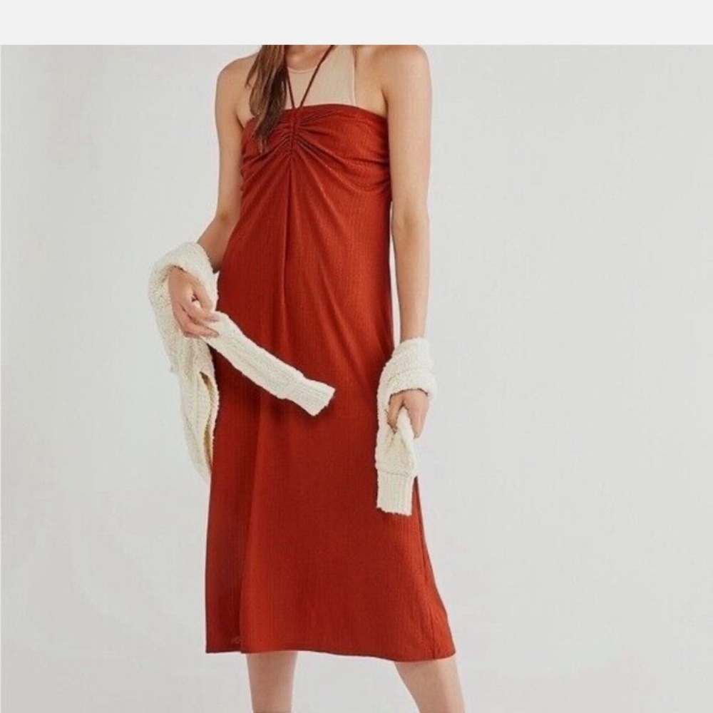 FP Movement by Free People Brown Ruched Halter Midi Dress